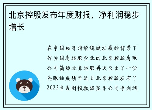 北京控股发布年度财报,净利润稳步增长