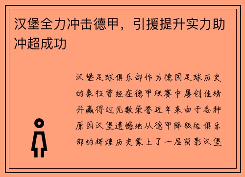 汉堡全力冲击德甲,引援提升实力助冲超成功
